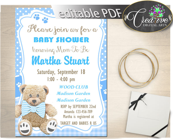 Teddy Bear Baby shower THANK YOU card blue printable, boy baby shower,  party thank you, digital files jpg pdf, instant download - tb001