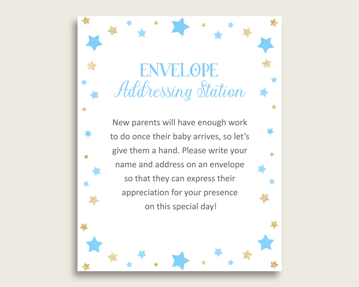 Blue Gold Baby Shower Address Sign Printable, Stars Envelope Station Sign, Envelope Addressing Baby Shower Boy, Little Star bsr01