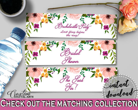 Watercolor Flowers Bridal Shower Bottle Labels in White And Pink, water bottle stickers, floral theme shower, party organizing - 9GOY4 - Digital Product