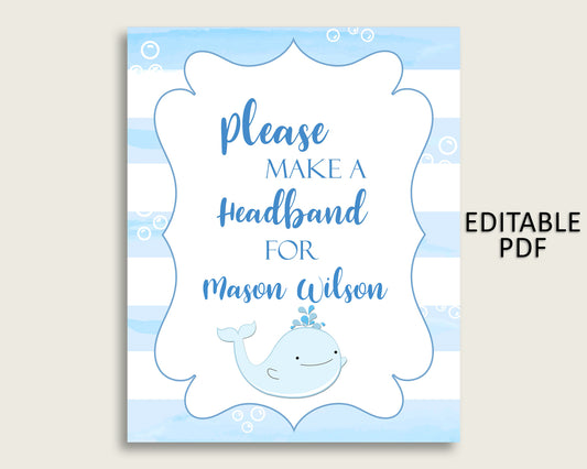 Whale Baby Shower Headband Sign, Blue White Headband Station Sign Editable, Boy Shower Headband For Baby, Instant Download, Light Blue wbl01