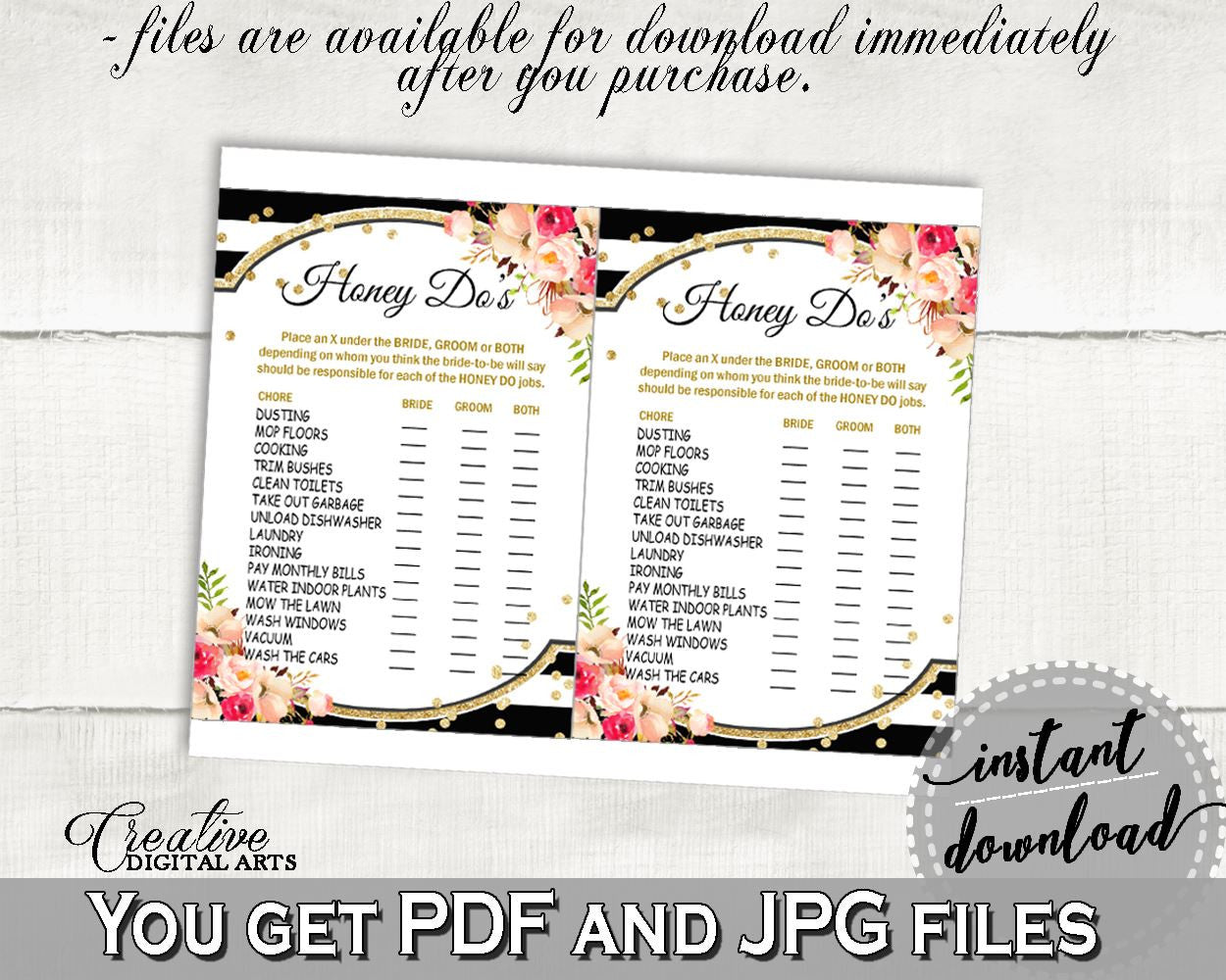 Honey Do List in Flower Bouquet Black Stripes Bridal Shower Black And Gold Theme, beloved game, black and white, shower activity - QMK20 - Digital Product