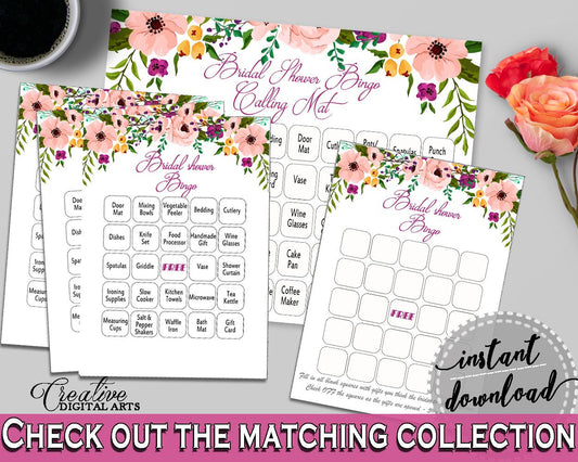 White And Pink Watercolor Flowers Bridal Shower Theme: Bingo 60 Cards - baby bingo, pink floral bridal, party decorations, prints - 9GOY4 - Digital Product