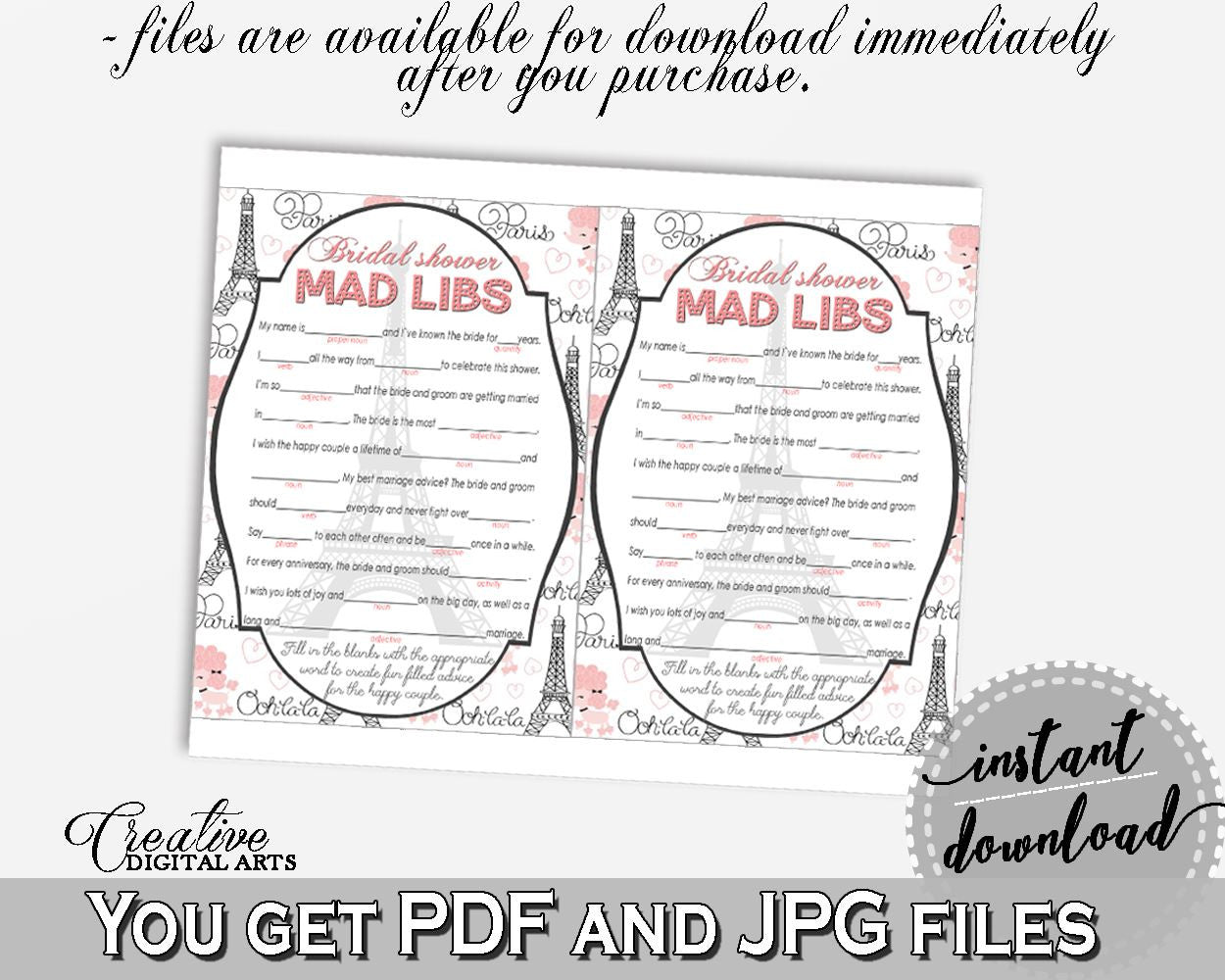 Paris Bridal Shower Mad Libs Game in Pink And Gray, message to couples, ooh la la shower, prints, digital print, party supplies - NJAL9 - Digital Product