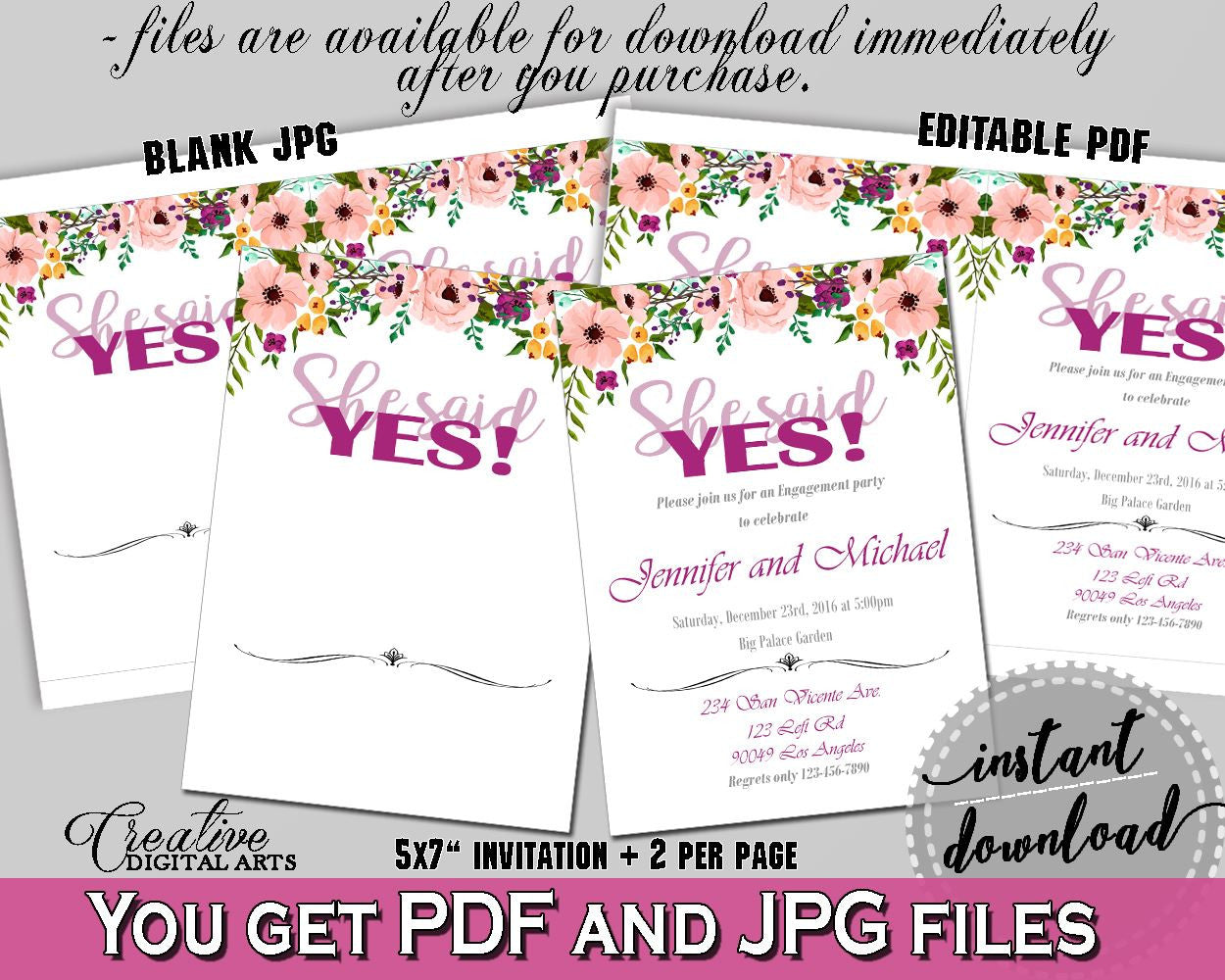 White And Pink Watercolor Flowers Bridal Shower Theme: She Said Yes Invitation Editable - bridal invite, party theme, party decor - 9GOY4 - Digital Product