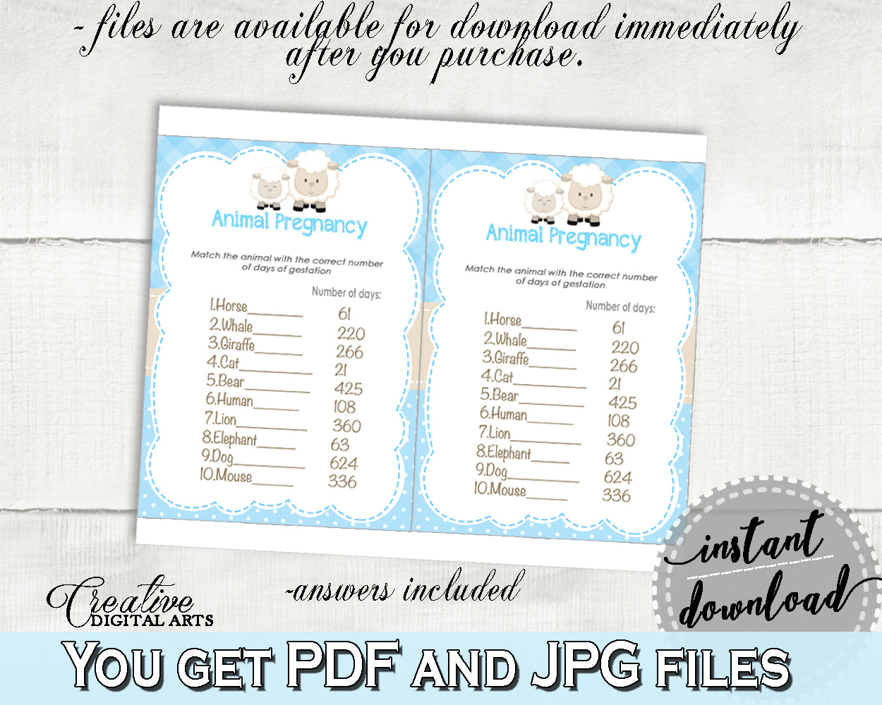 Little Lamb Baby Shower Boy ANIMAL GESTATION game with blue chevron theme sheep, digital files pdf jpg, instant download - fa001