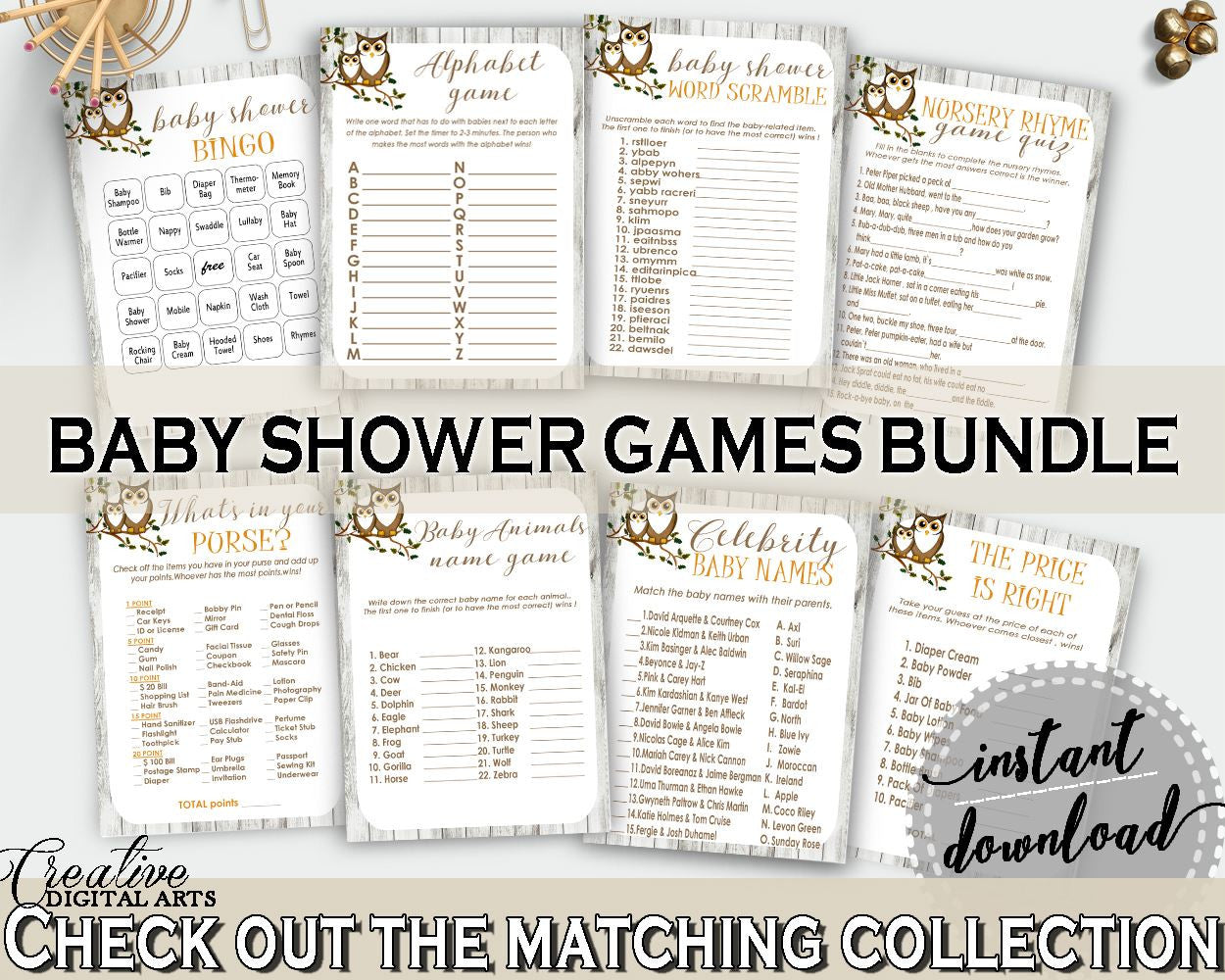 Games Baby Shower Games Owl Baby Shower Games Baby Shower Owl Games Gray Brown printable files, customizable files, party theme - 9PUAC - Digital Product