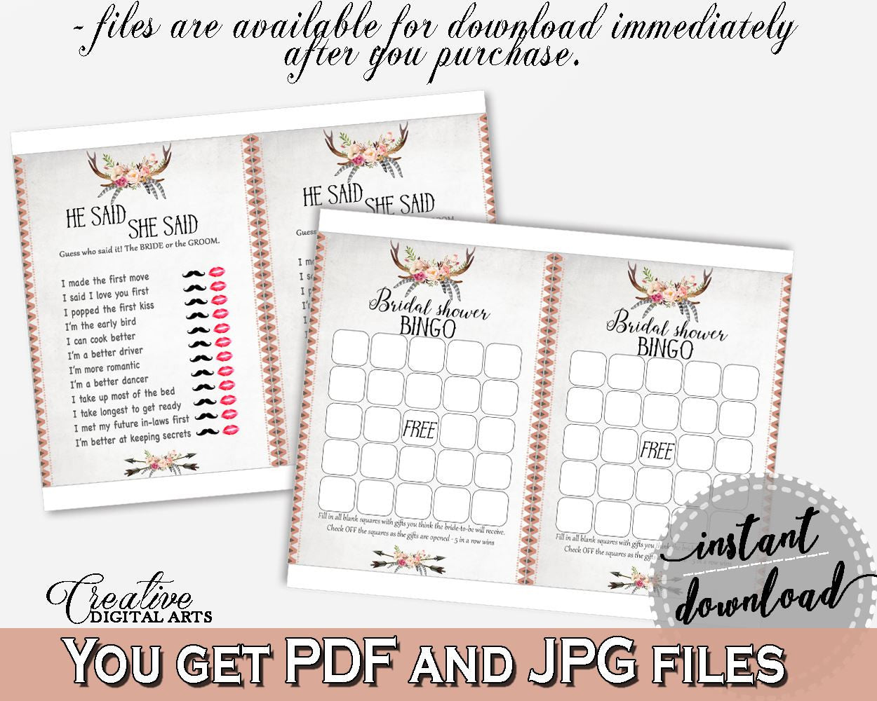 Games Bundle in Antlers Flowers Bohemian Bridal Shower Gray and Pink Theme, games package, antlers bouquet, printable files, prints - MVR4R - Digital Product