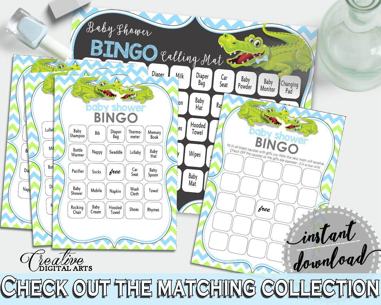 Baby Shower BINGO 60 cards game and empty gift BINGO cards with green alligator and blue color theme, instant download - ap002