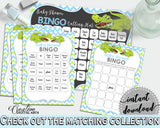 Baby Shower BINGO 60 cards game and empty gift BINGO cards with green alligator and blue color theme, instant download - ap002