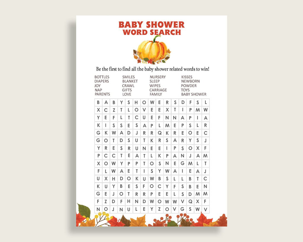 Word Search Baby Shower Word Search Fall Baby Shower Word Search Baby Shower Pumpkin Word Search Orange Brown party supplies prints BPK3D - Digital Product
