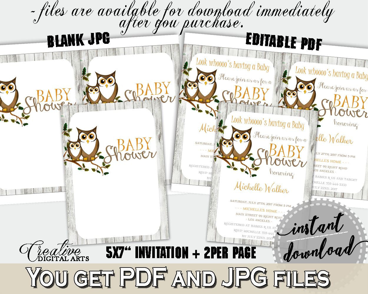 Invitation Baby Shower Invitation Owl Baby Shower Invitation Baby Shower Owl Invitation Gray Brown party theme, customizable files 9PUAC - Digital Product