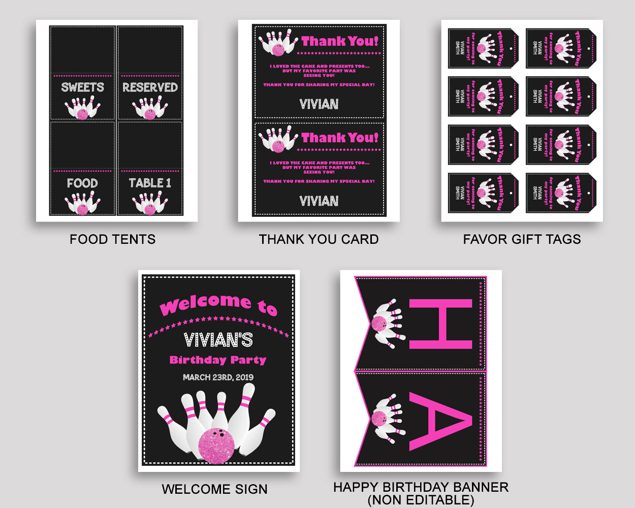 Bowling Birthday Party Package, Bowling Decorations Set Editable Pink Black, Birthday Kit Printable for Girl, WYP5V