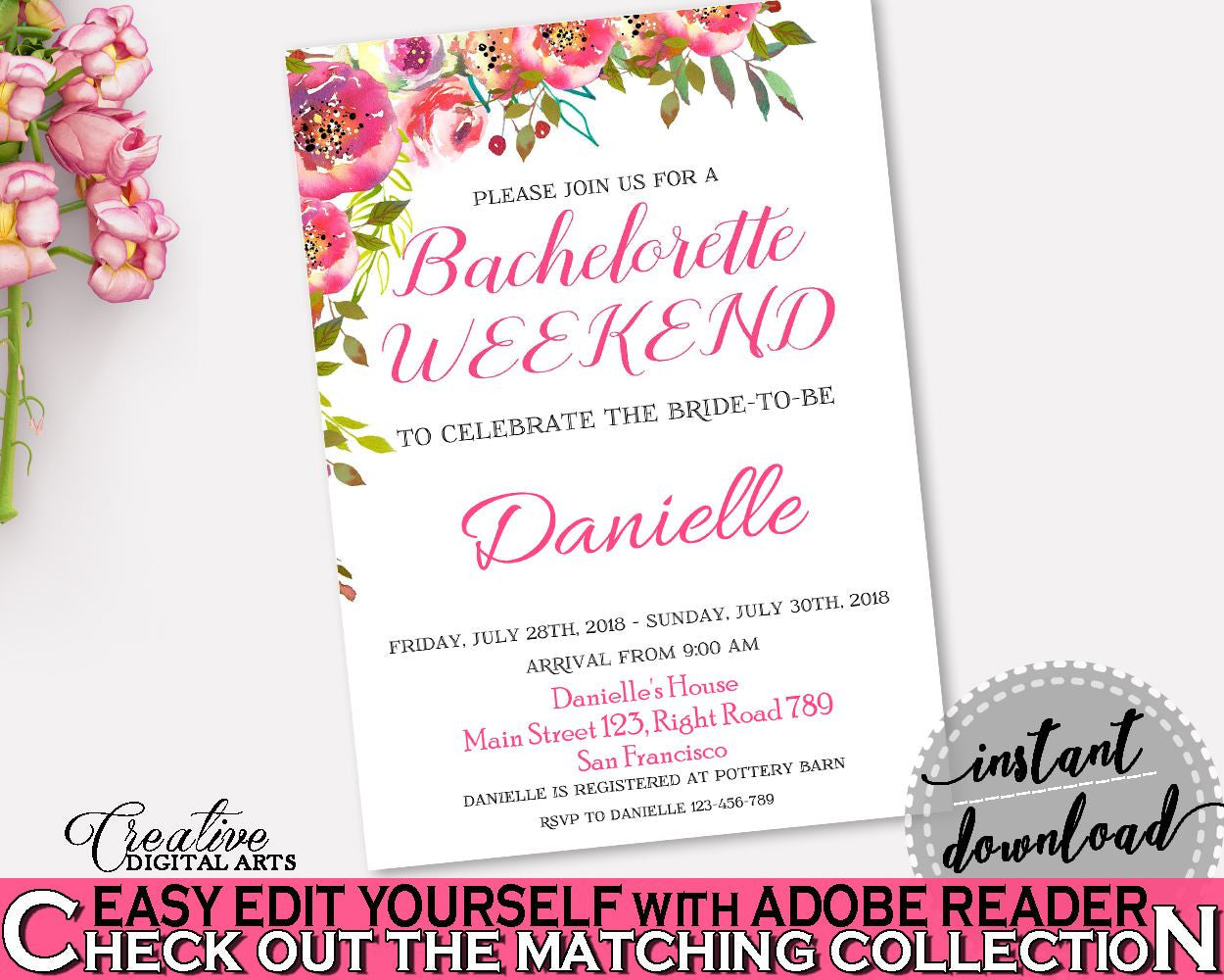 Bachelorette Weekend Invitation Bridal Shower Bachelorette Weekend Invitation Spring Flowers Bridal Shower Bachelorette Weekend UY5IG - Digital Product