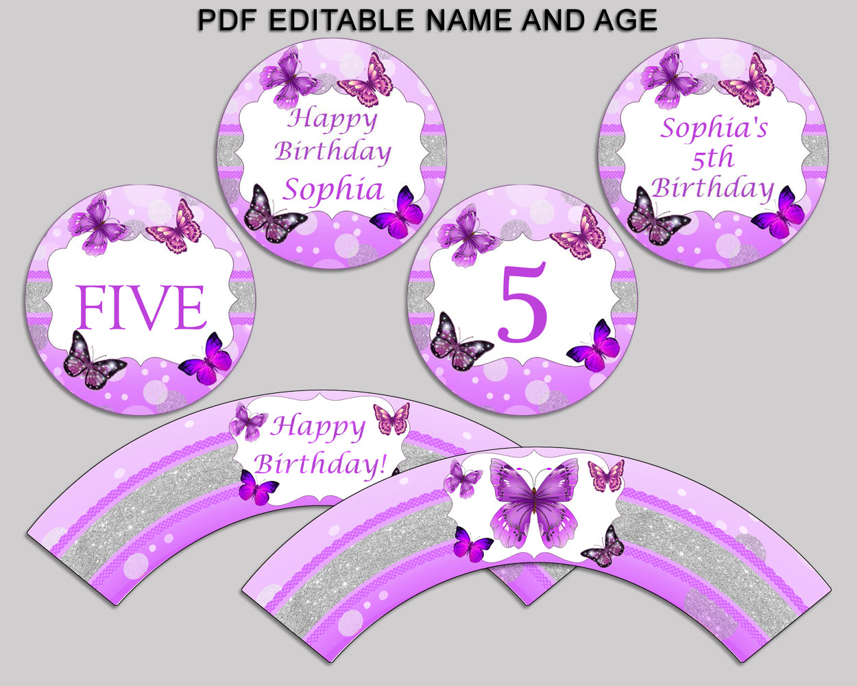 Printable Butterfly Cupcake Wrapper Butterfly Birthday Toppers Purple White Birthday Pics Girl OHI62