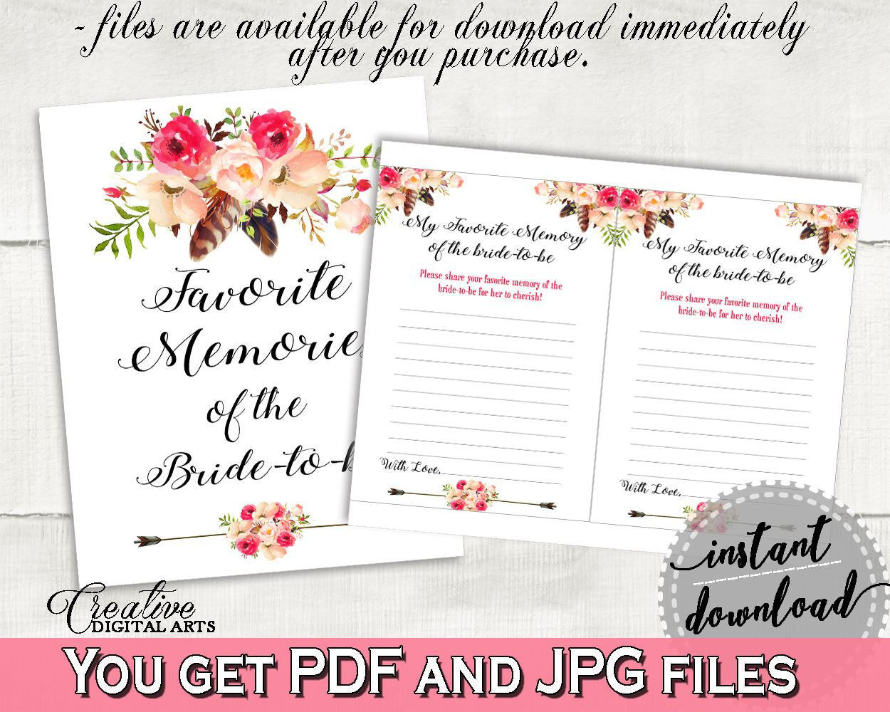 Bohemian Flowers Bridal Shower Favorite Memories Of The Bride To Be in Pink And Red, memory cards, stylish bridal, party planning - 06D7T - Digital Product