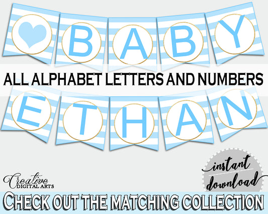 Baby shower BANNER printable decoration with blue and white stripes, glitter all letters, digital files, instant download - bs002