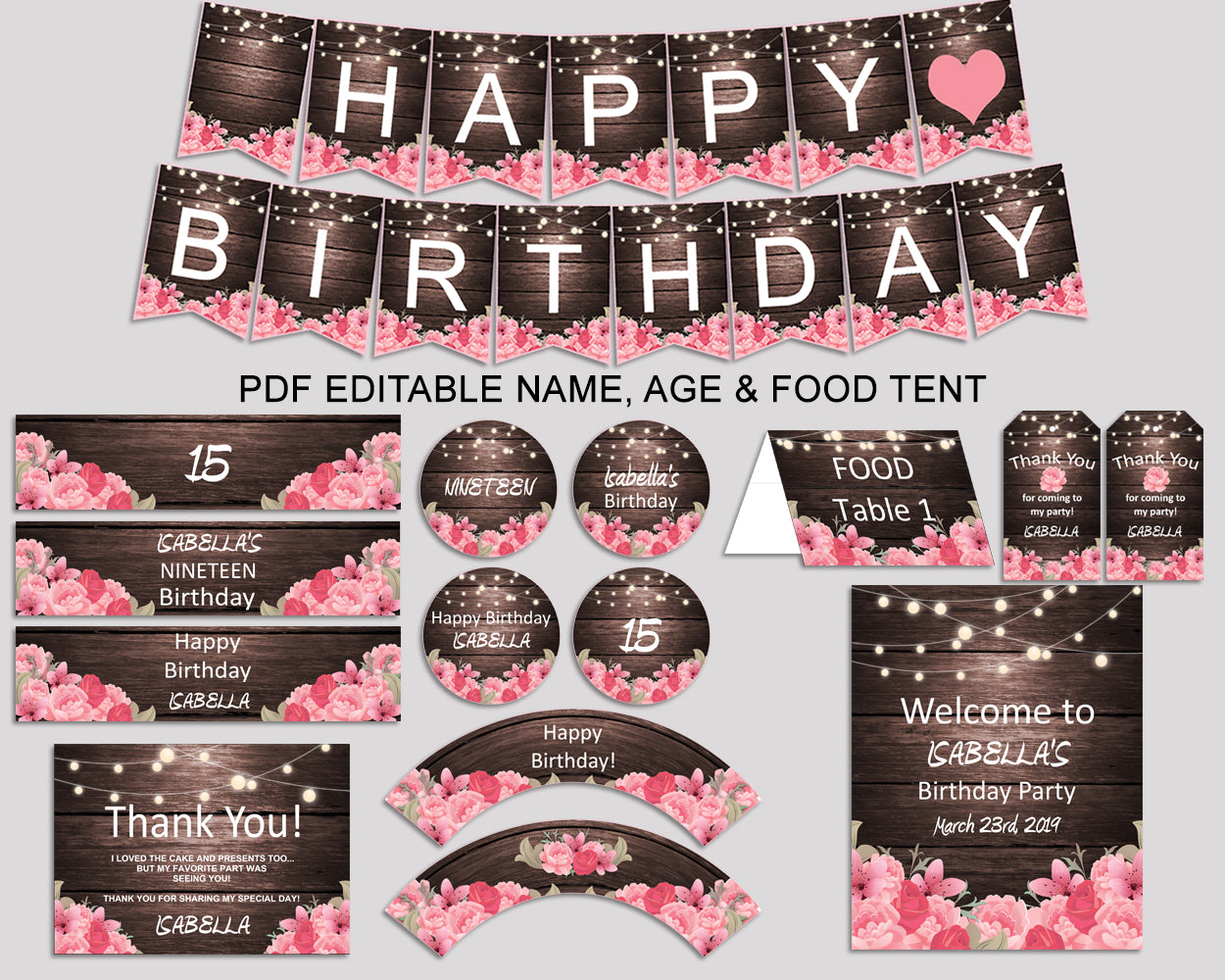 Birthday Rustic Party Decor Rustic Editable Package Pink Brown Birthday Decoration Rustic Birthday Kit Girl OE0W8