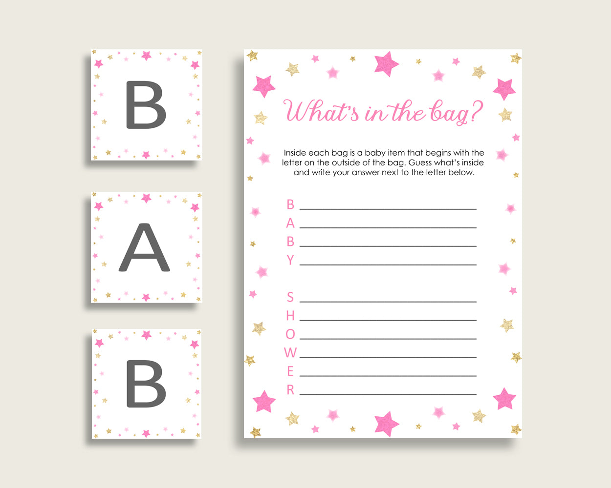 Twinkle Star Baby Shower What's In The Bag Game, Pink Gold Girl Bag Game Printable, Instant Download, Cute Stars Most Popular bsg01