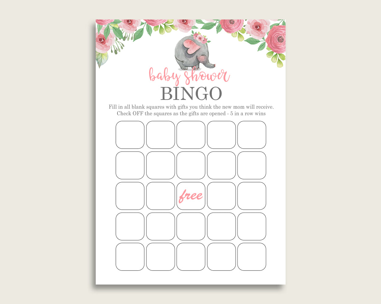 Pink Grey Baby Shower Bingo Blank Game Printable, Pink Elephant Baby Shower Girl Bingo Blank Cards, Bingo Gift Opening Game, ep001