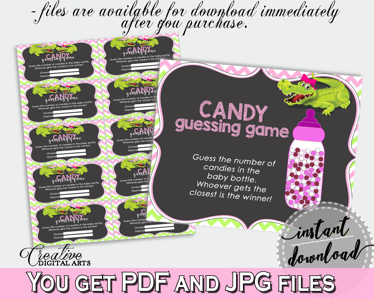 CANDY GUESSING GAME sign and tickets for baby shower with green alligator and pink color theme, instant download - ap001