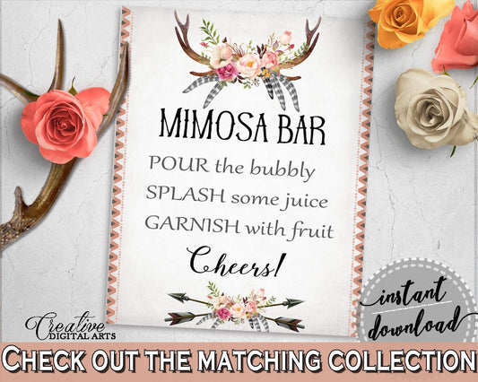 Mimosa Bar Sign in Antlers Flowers Bohemian Bridal Shower Gray and Pink Theme, brunch and bubbly, horns flowers, party organization - MVR4R - Digital Product