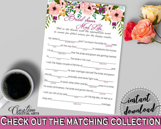 Watercolor Flowers Bridal Shower Mad Libs Game in White And Pink, noun, pink flowers shower, customizable files, party theme, prints - 9GOY4 - Digital Product