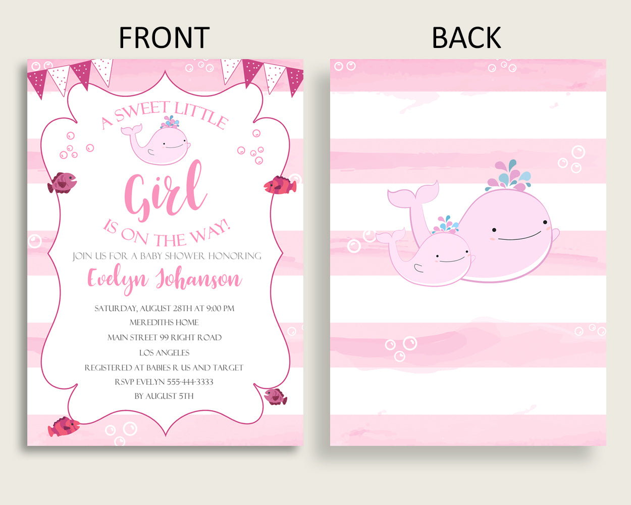 Invitation Baby Shower Invitation Pink Whale Baby Shower Invitation Baby Shower Pink Whale Invitation Pink White Watercolor Stripes wbl02