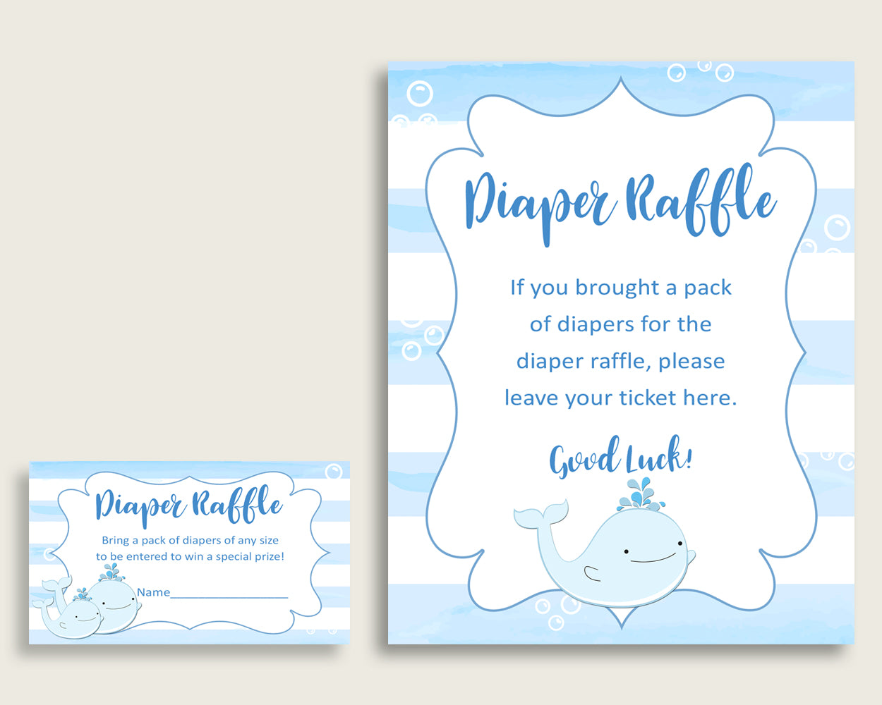 Whale Baby Shower Diaper Raffle Tickets Game, Boy Blue White Diaper Raffle Card Insert and Sign Printable, Instant Download, 3.5x2", wbl01