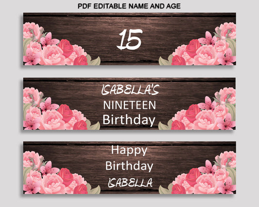 Rustic Bottle Labels Pink Brown Editable Wraps Rustic Birthday Labels Rustic Bottle Wraps Girl OE0W8