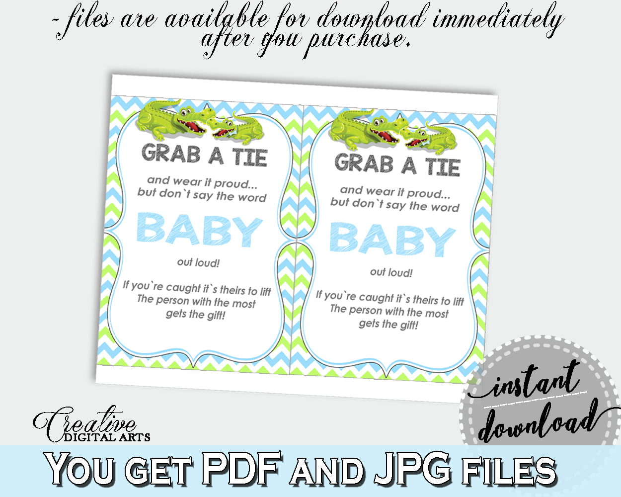 Grab A Tie Baby Shower Grab A Tie Alligator Baby Shower Grab A Tie Blue Green Baby Shower Alligator Grab A Tie party décor prints ap002