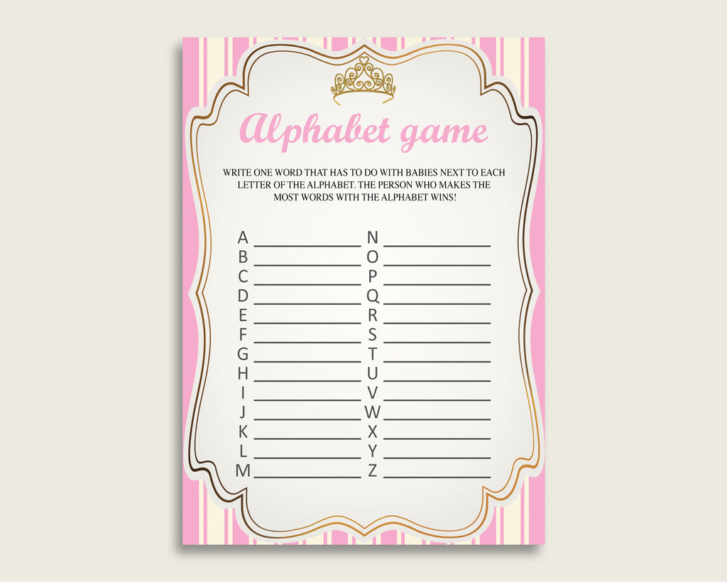 Pink Gold Alphabet Baby Shower Girl Game, Royal Princess A-Z Guessing Baby Game Printable, ABC's Baby Item Name Game, Instant rp002