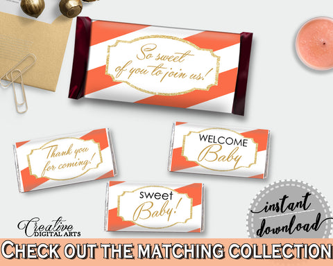 Baby shower HERSHEY decoration wrappers and labels printable with orange striped theme glitter text, instant download - bs003