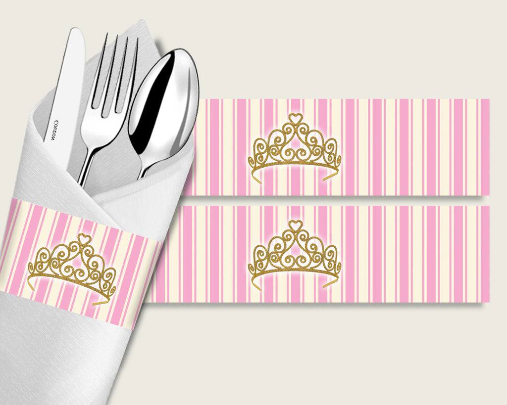 Royal Princess Baby Shower Napkin Rings Printable, Pink Gold Napkin Wrappers, Girl Shower Utensils Wrap, Instant Download, Glamorous rp002