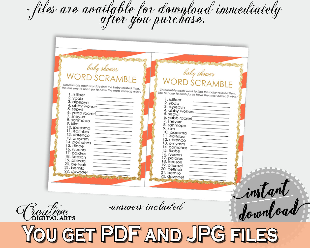 WORD SCRAMBLE baby shower game with glitter gold and orange stripes theme printable, digital files jpg pdf, instant download - bs003
