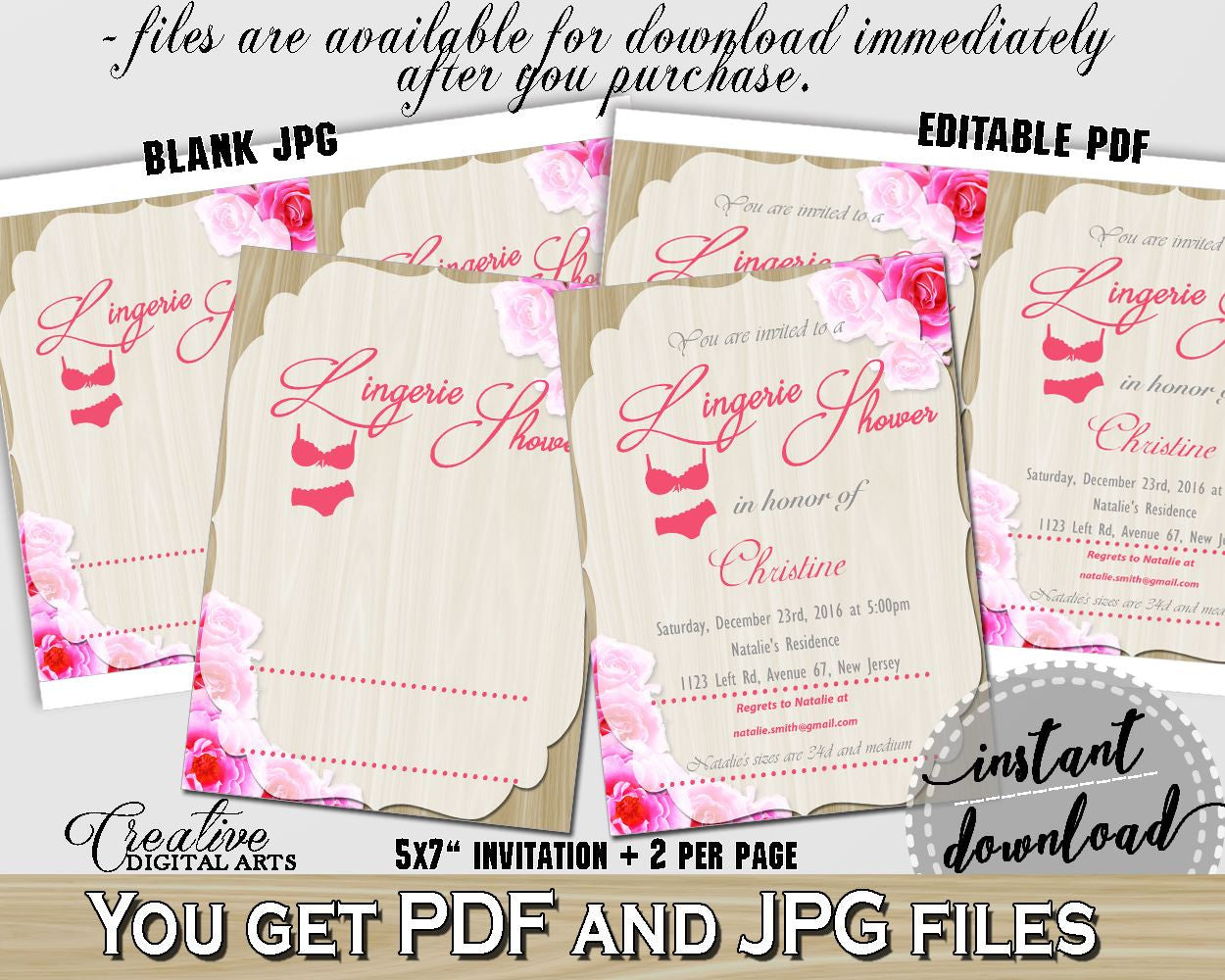 Lingerie Shower Invitation Editable in Roses On Wood Bridal Shower Pink And Beige Theme, bridal lingerie, party decorations - B9MAI - Digital Product