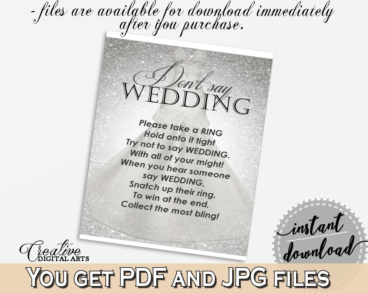 Silver Wedding Dress Bridal Shower Don't Say Wedding Game in Silver And White, the word wedding, cool shower, party supplies, prints - C0CS5 - Digital Product