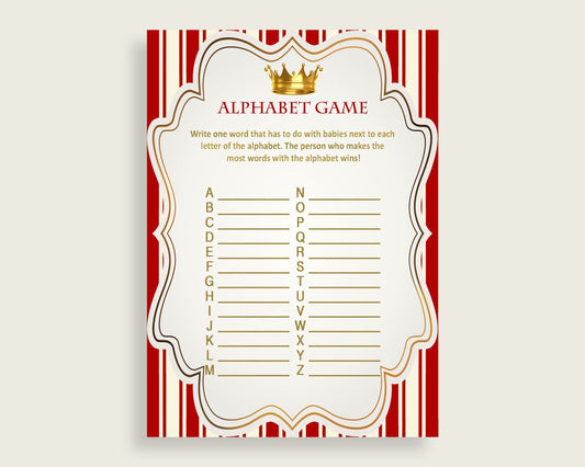 Red Gold Alphabet Baby Shower Boy Game, Prince A-Z Guessing Baby Game Printable, ABC's Baby Item Name Game, Instant Download, Crown 92EDX