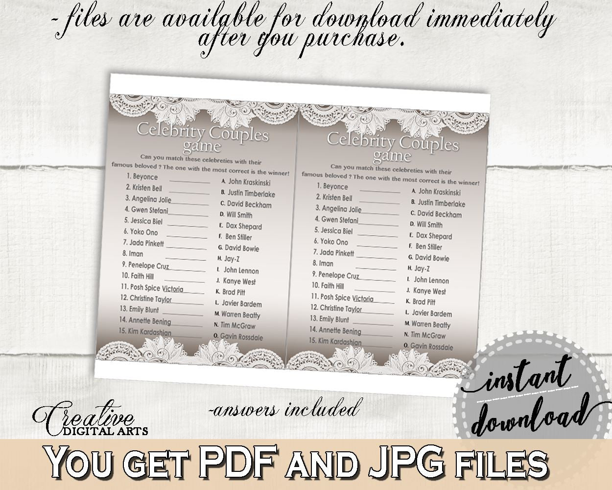 Traditional Lace Bridal Shower Celebrity Couples Game in Brown And Silver, last minute, classy shower, shower activity, party theme - Z2DRE - Digital Product