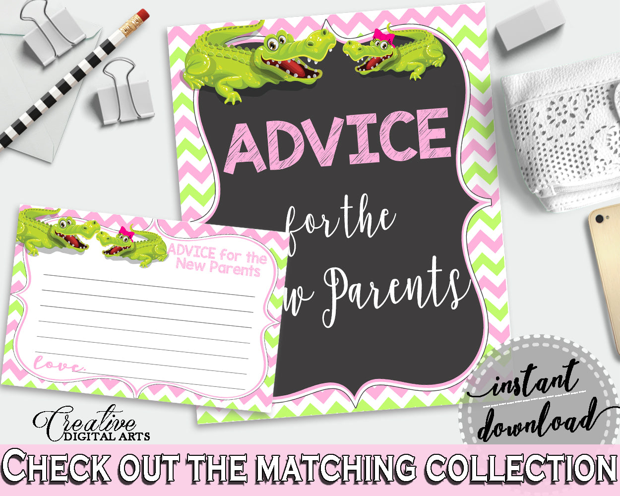 ADVICE FOR THE MOMMY TO BE and ADVICE FOR THE NEW PARENTS baby shower activities with green alligator and pink color theme, instant download - ap001