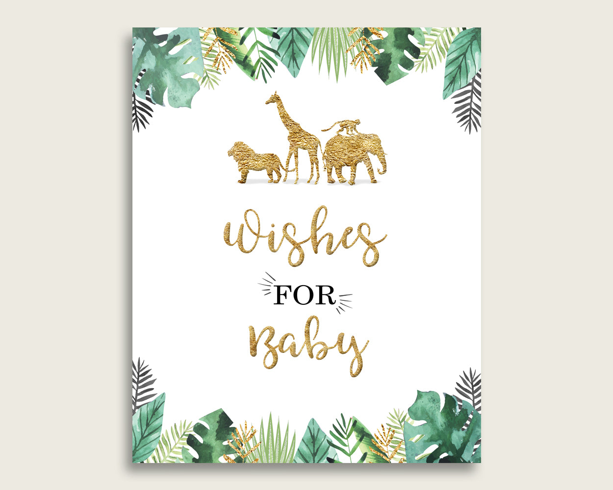 Gold Green Wishes For Baby Cards & Sign, Jungle Baby Shower Gender Neutral Well Wishes Game Printable, Instant Download, Cute Animals EJRED