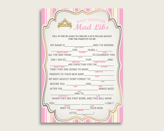 Pink Gold Mad Libs Baby Shower Girl Game Printable, Royal Princess Mad Libs Fun Activity, DIY digital file, Glamorous Queen Heiress rp002