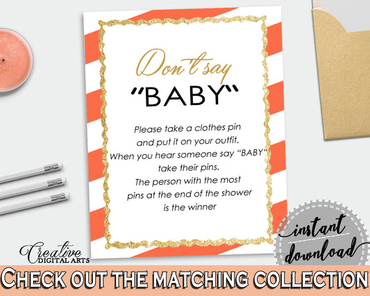 DON'T SAY BABY printable, baby shower game orange striped theme printable glitter gold, digital files, Jpg Pdf, instant download - bs003