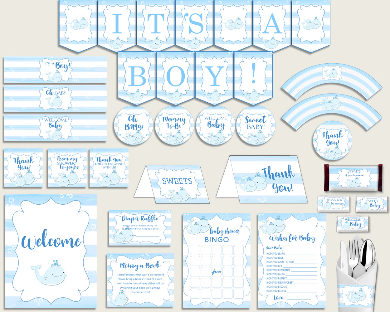 Blue White Baby Shower Decorations Boy Kit, Whale Baby Shower Party Package Printable, Instant Download, Summer Popular Theme wbl01