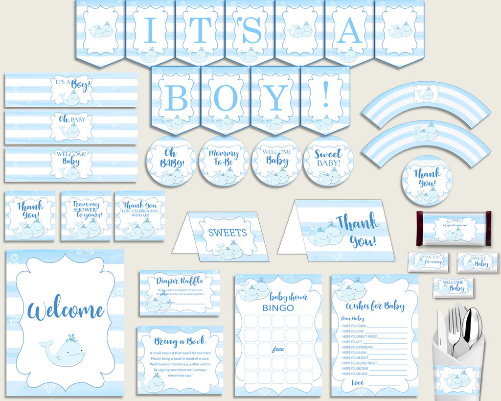 Blue White Baby Shower Decorations Boy Kit, Whale Baby Shower Party Package Printable, Instant Download, Summer Popular Theme wbl01