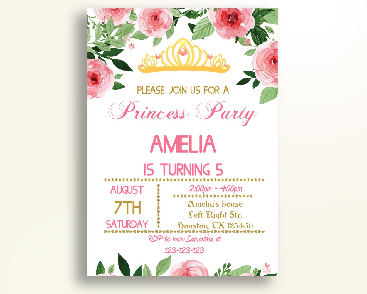 Princess Birthday Invitation Princess Birthday Party Invitation Princess Birthday Party Princess Invitation Girl floral princess JK2O1 - Digital Product