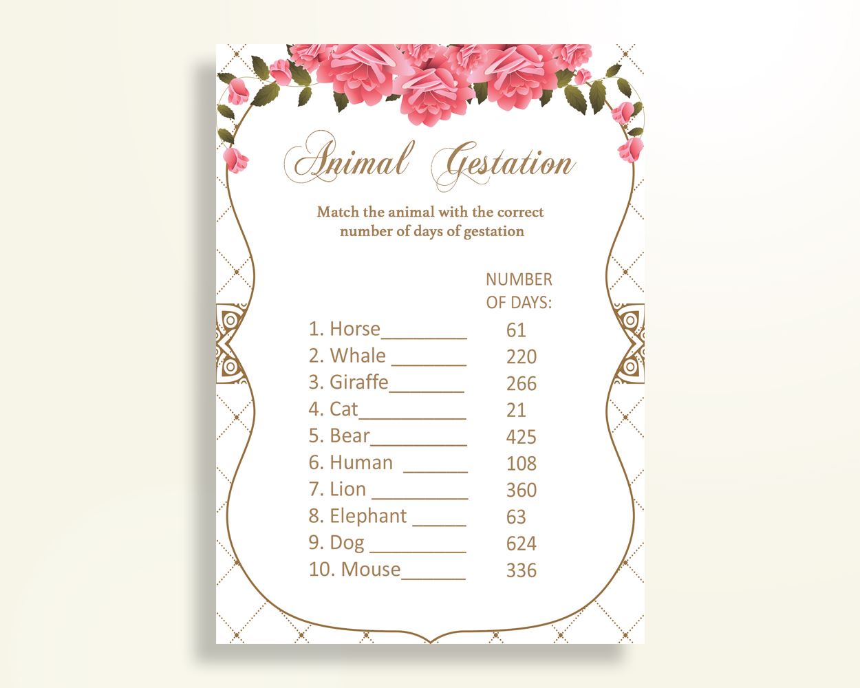 Animal Gestation Baby Shower Animal Gestation Roses Baby Shower Animal Gestation Baby Shower Roses Animal Gestation Pink White party U3FPX - Digital Product