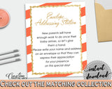 ENVELOPE ADDRESSING STATION baby shower sign with gold glitter title and orange white stripes for baby shower girl, instant download - bs003