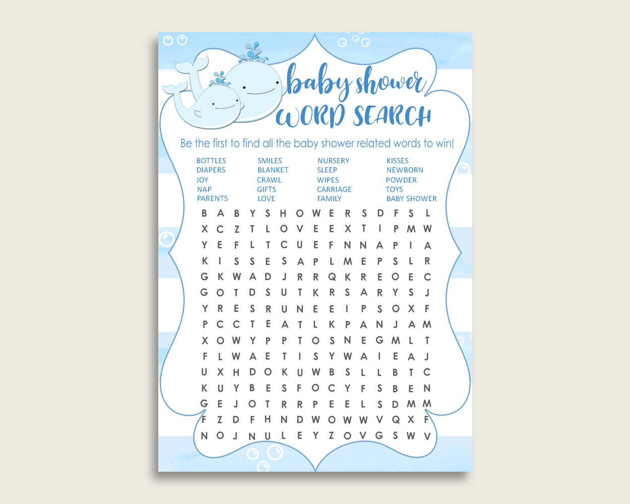 Whale Word Search Game, Blue White Baby Shower Word Search Cards Printable, Boy Baby Shower Activities, Hidden Words, Instant wbl01