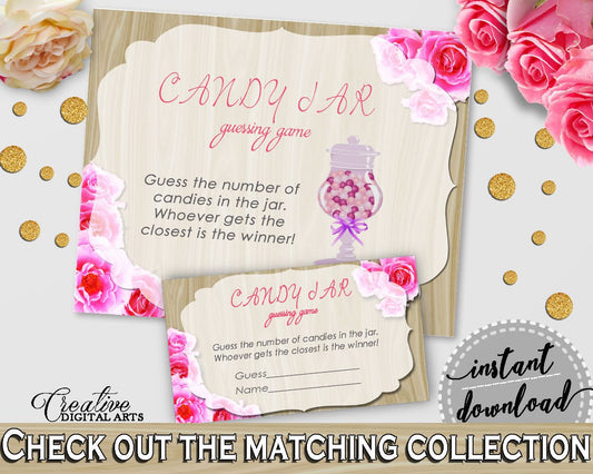 Roses On Wood Bridal Shower Candy Guessing Game in Pink And Beige, guessing games, beige wood, printables, prints, digital print - B9MAI - Digital Product