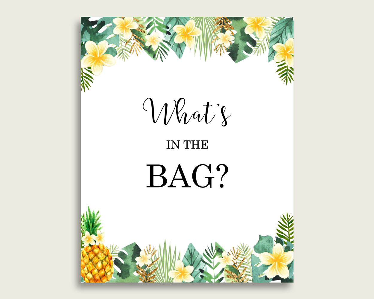 Tropical Baby Shower What's In The Bag Game, Green Yellow Gender Neutral Bag Game Printable, Instant Download, Popular Hawaiian Luau 4N0VK